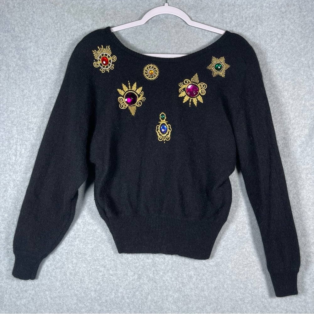 Sk & Company Petite 80s‎ Vintage Lambswool Angora Rhinestone Gem Black Sweater M